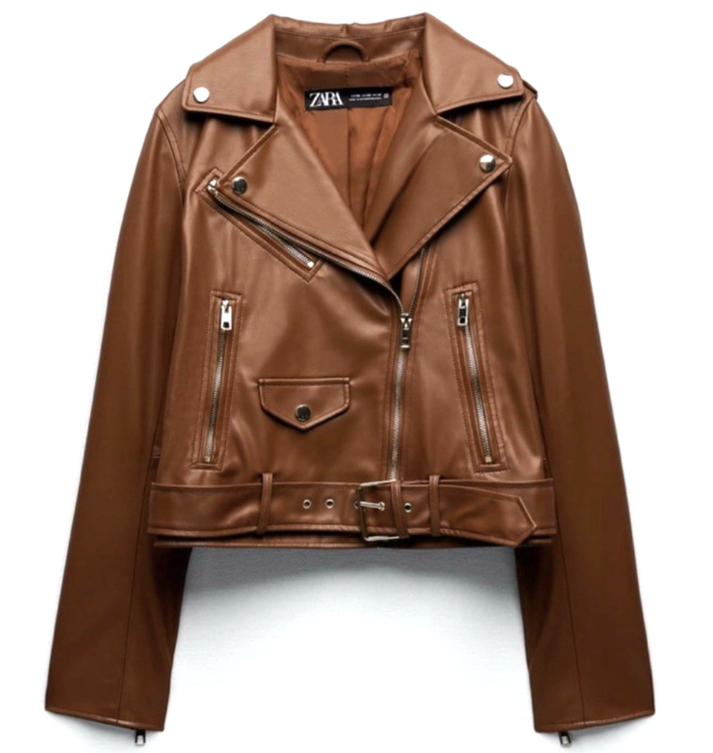 ZARA BROWN BIKER JACKET WITH BELT FAUX LEATHER MOTORCYCLE STYLE WOMENS XXL